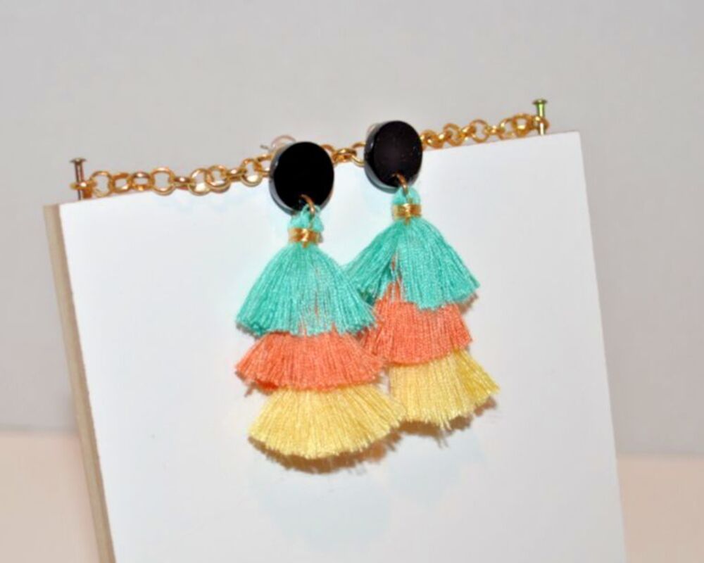 Boho Gypsy Post Earrings with Teal Tangerine Yellow Fringe Tassels
